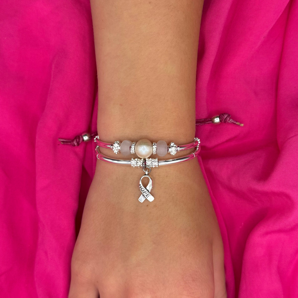 Embrace Adjustable Bracelet - Pink Leather &amp; Awareness Charm
