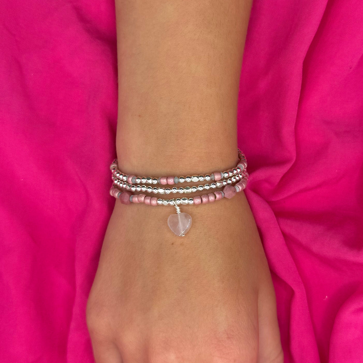 Rose 3-Strand Bracelet with Silver Beads, Rhodonite &amp; Rose Quartz Heart
