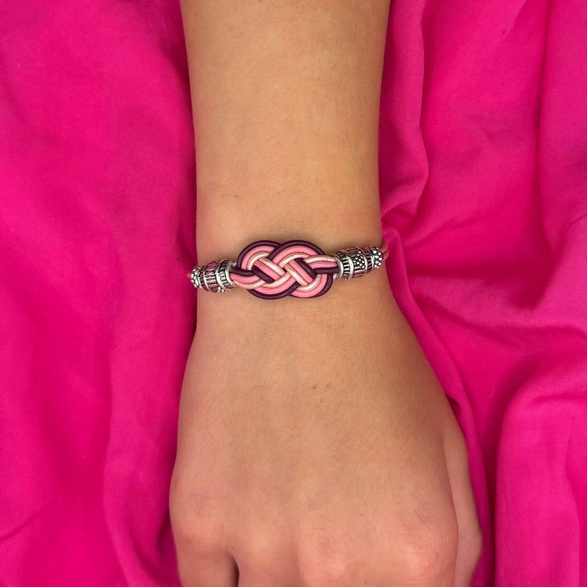 Celtic 3-Strand Pink &amp; Plum Leather Bracelet with Pewter Beads