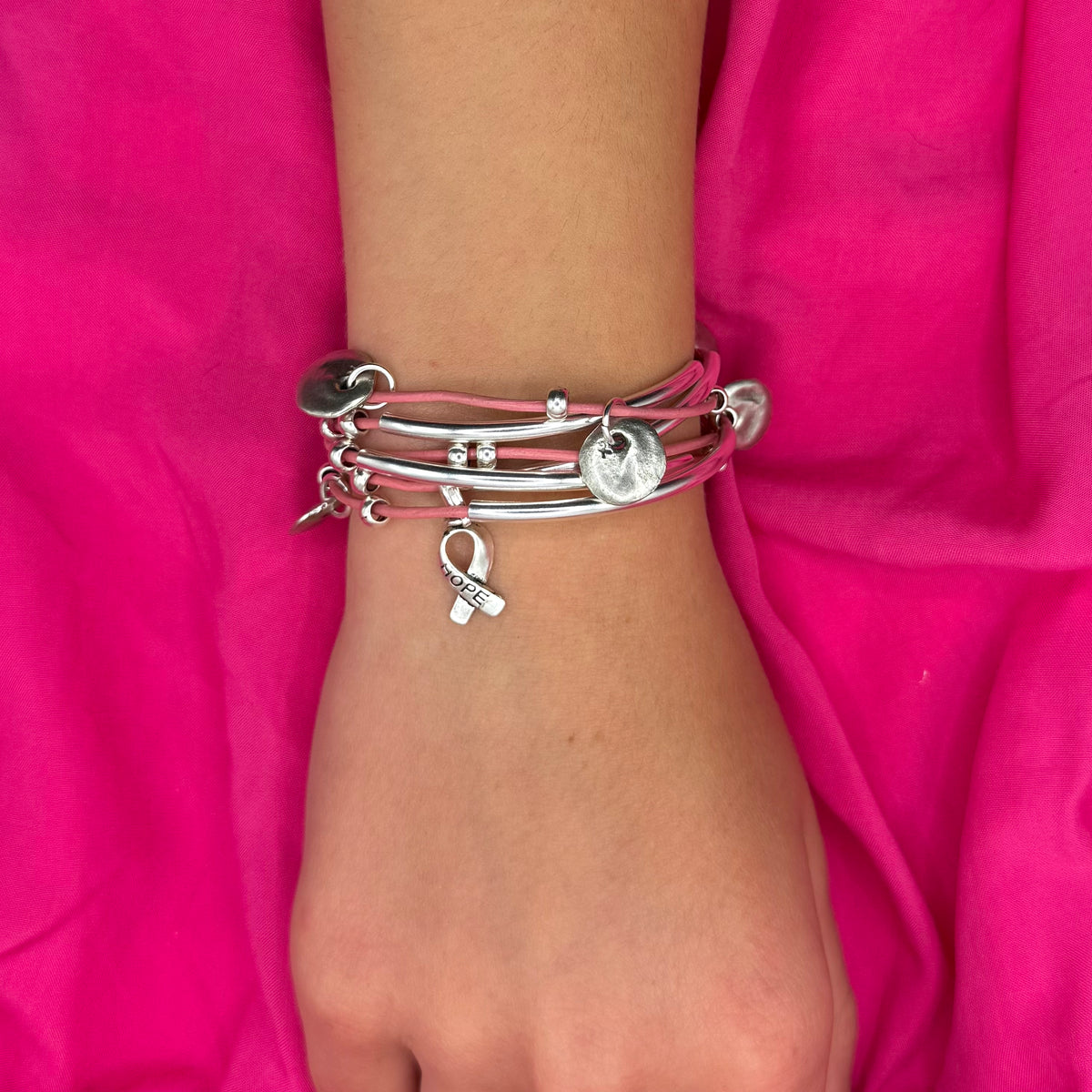 Journey Pink Leather Wrap Bracelet with HOPE Charm