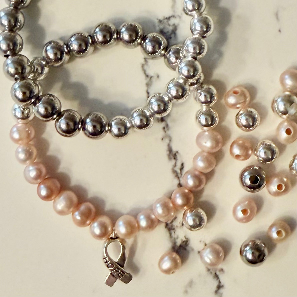 Brave Bracelet Stack with Silver, Gunmetal &amp; Pink Pearl Beads – HOPE Charm