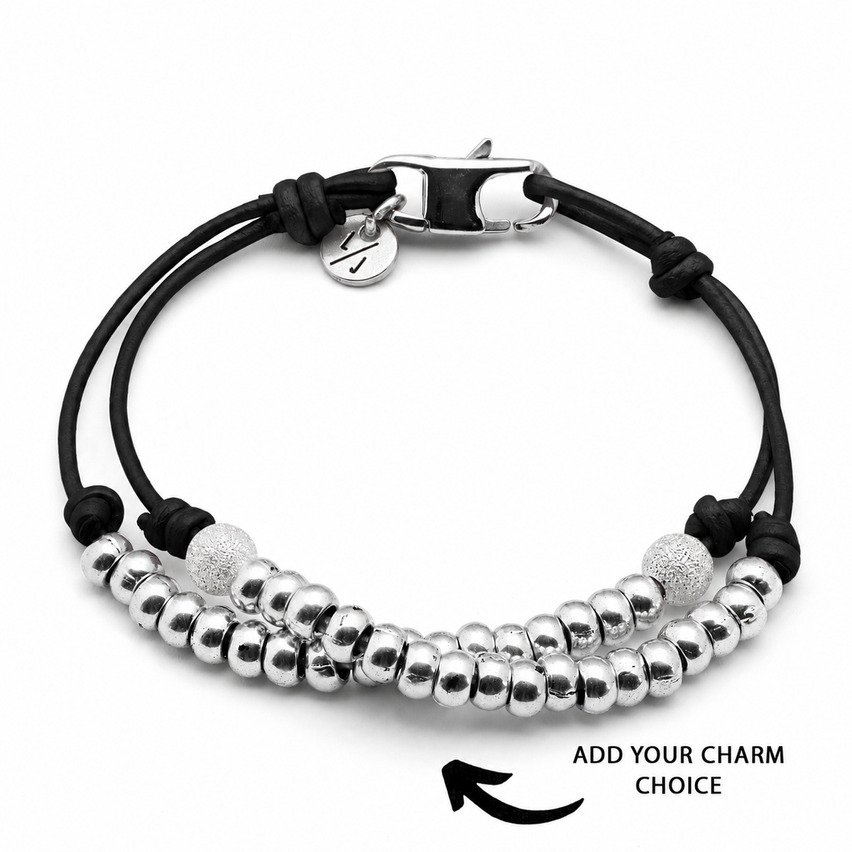 Karma Black Leather & Silver Beaded Bracelet – Add Your Choice of Charm | Handmade in California