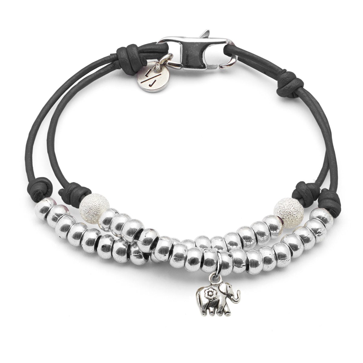 Karma Black Leather & Silver Beaded Bracelet – Two-Strand Wrap with Frosted Accents