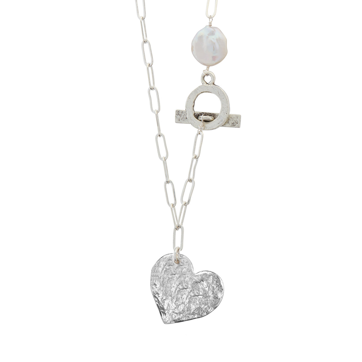 La Perla Necklace – XL Hammered Heart & Freshwater Pearl Statement Necklace