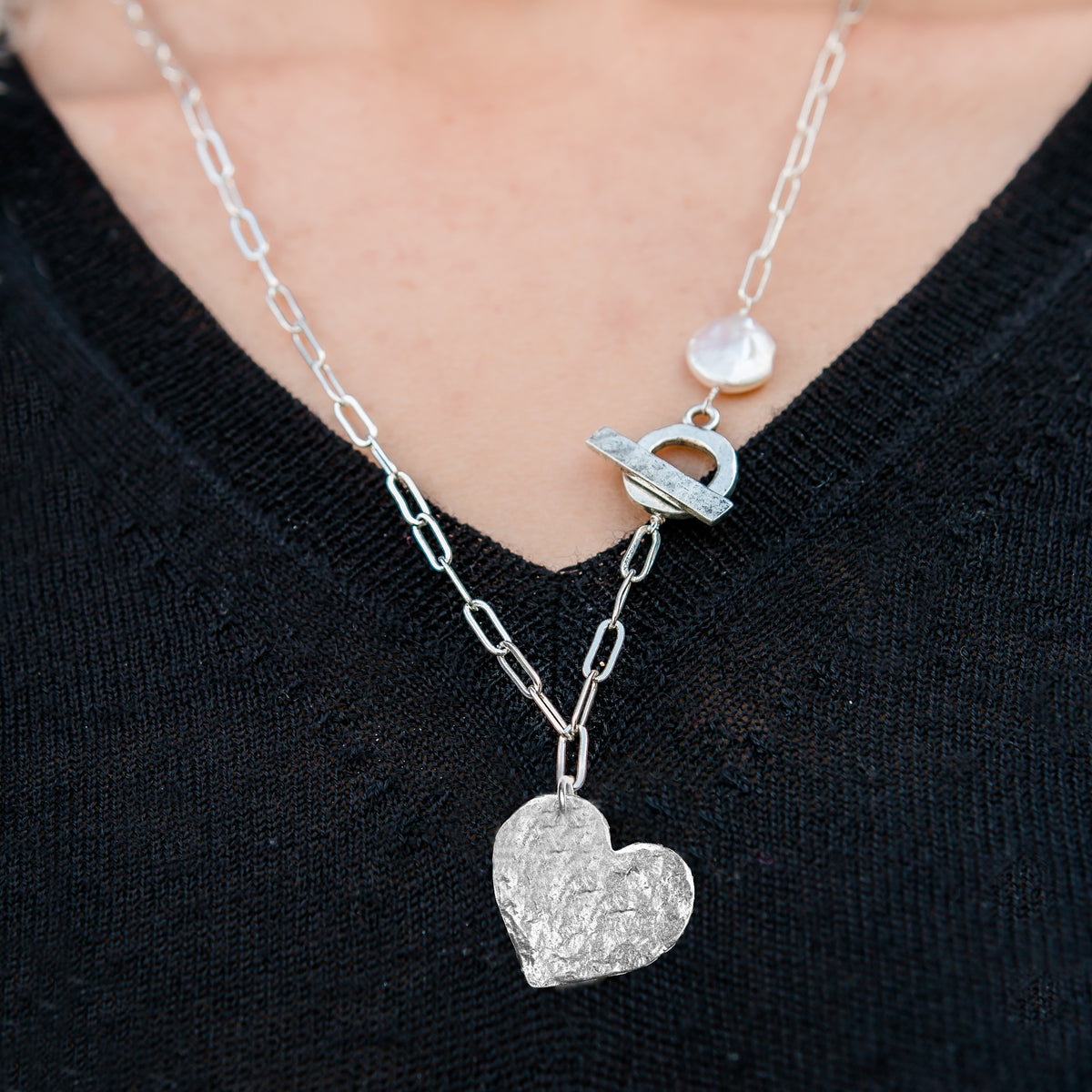 La Perla Necklace – XL Hammered Heart & Freshwater Pearl Statement Necklace