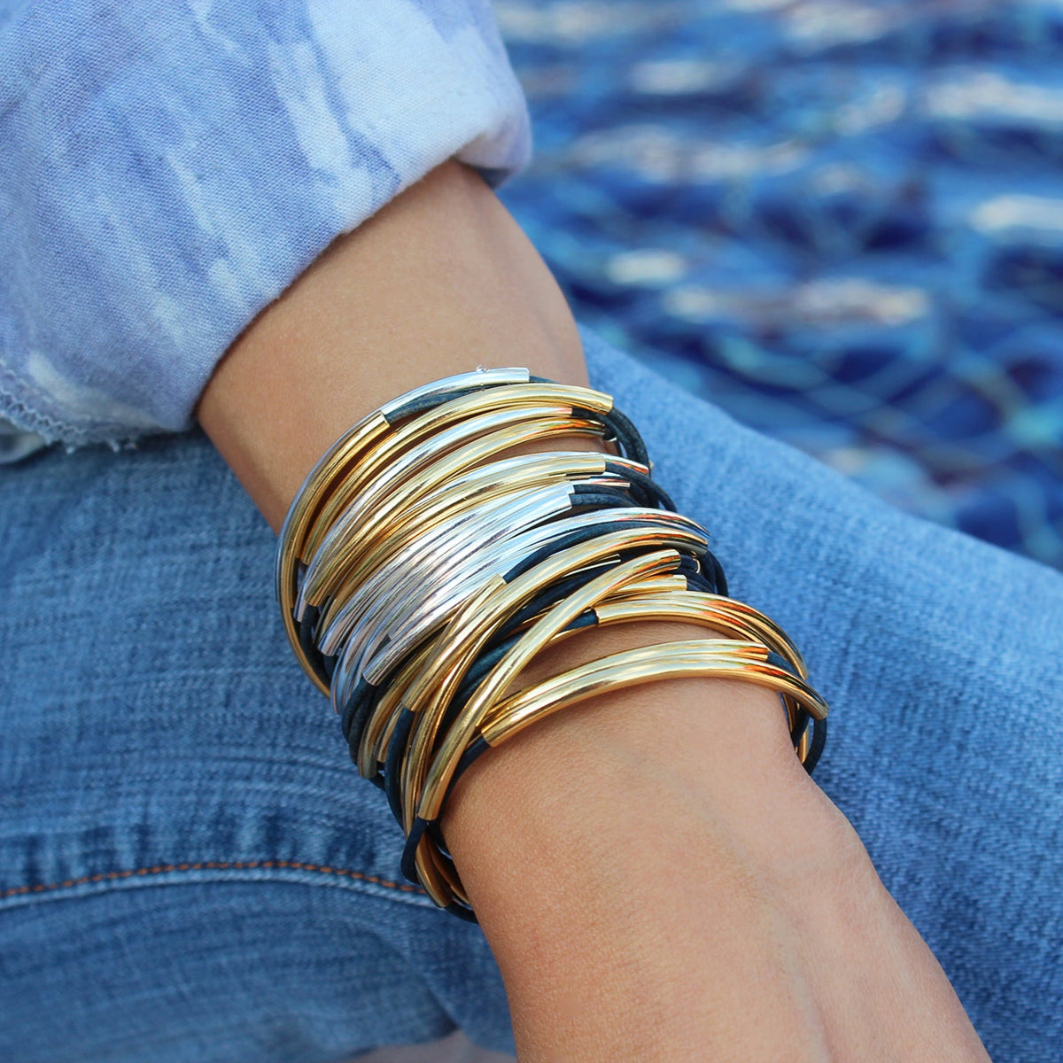 Lizzy James Classic Convertible Wrap Bracelet – True Blue Leather with Gold Plated Crescents