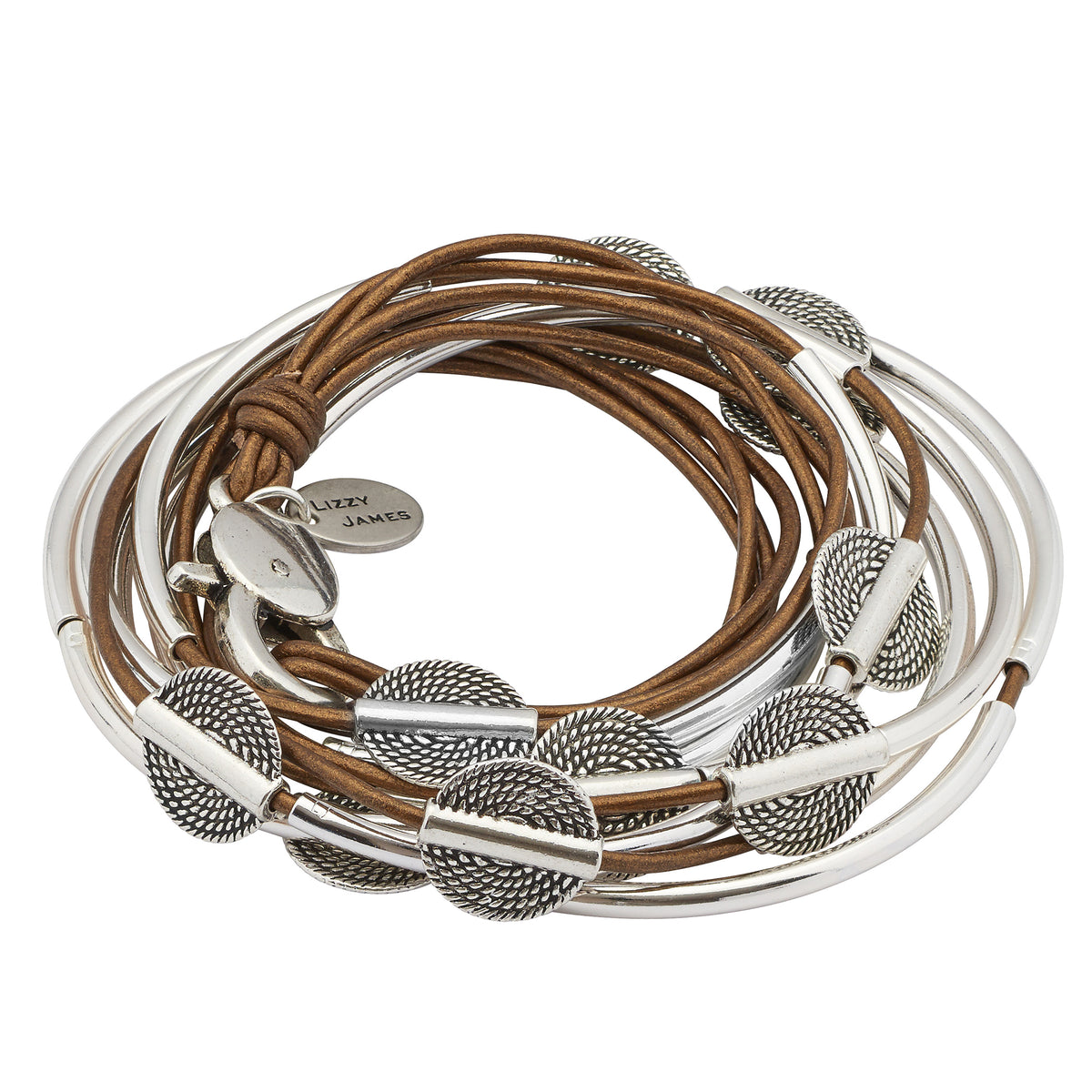 A stack of multi-strand wrap bracelets by Lizzy James, featuring brown leather cords, polished silver-tone metal bands, and textured silver-tone disc spacers, shown on a white background.