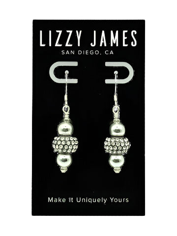 Pair of silver earrings on a black card with 'Lizzy James' branding.