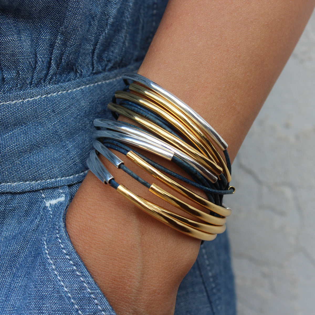 Lizzy James Classic Convertible Wrap Bracelet – True Blue Leather with Gold Plated Crescents