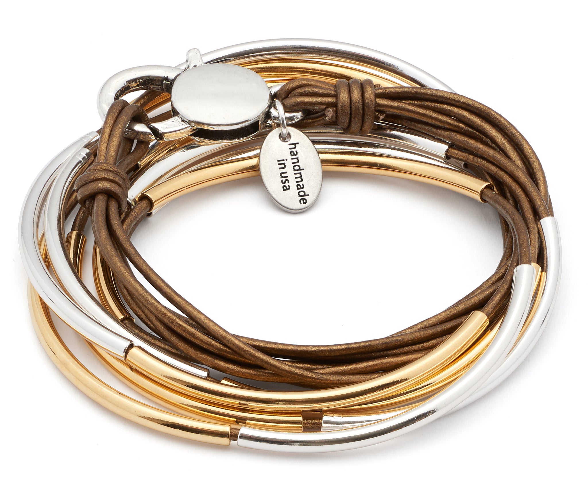 Wrap Bracelet in Silver & Gold Crescents & Metallic Bronze Leather