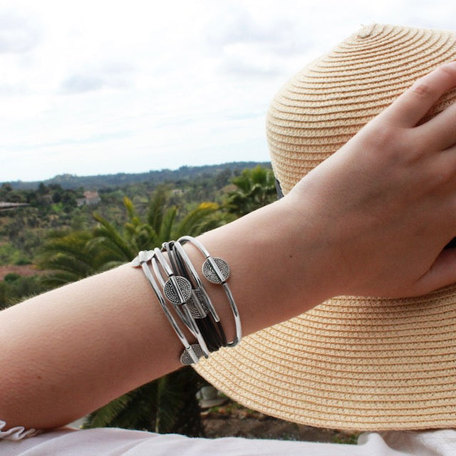 Lizzy Disc 3-Strand convertible leather wrap bracelet and necklace with silver-plated beads and crescents