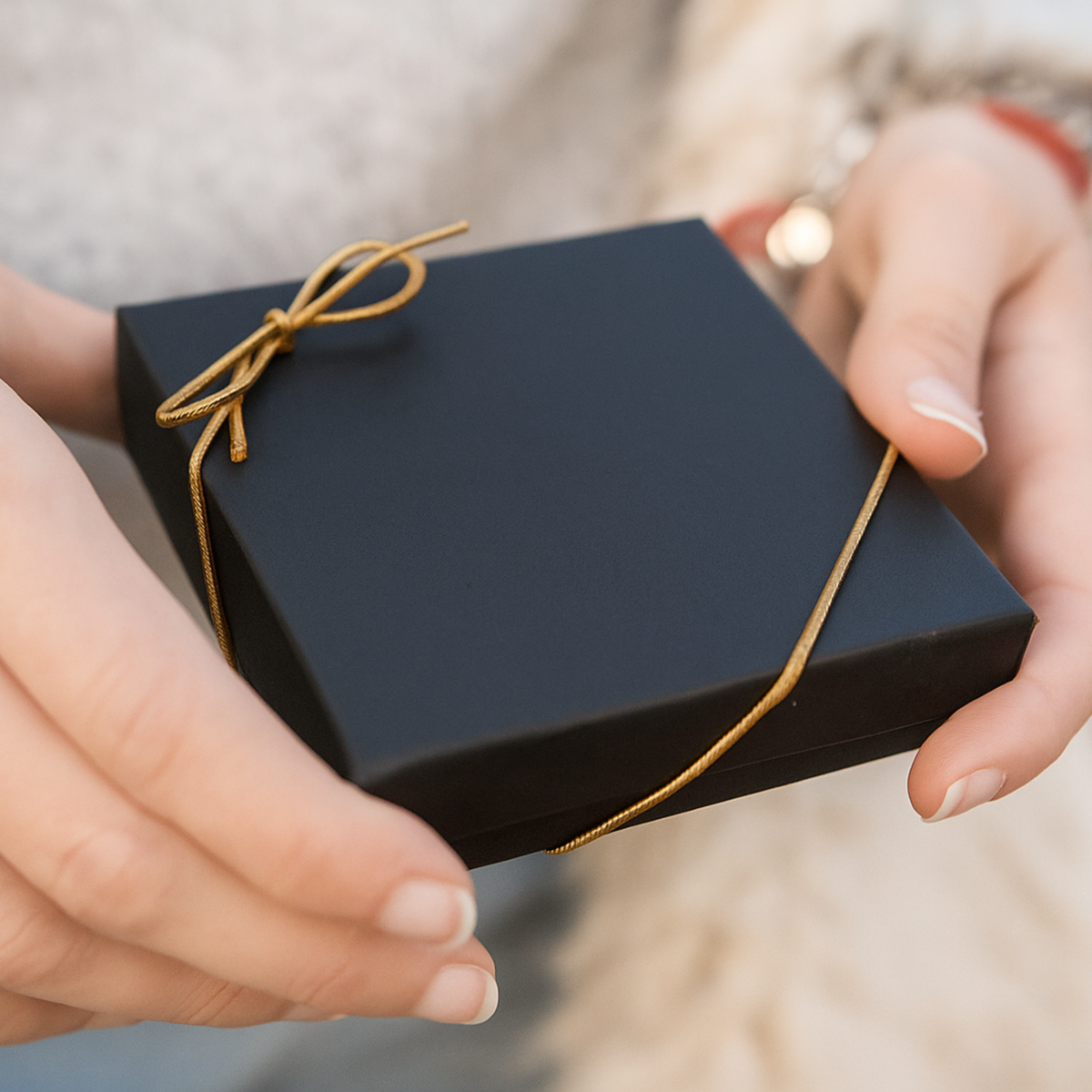 Black gift box with gold ribbon held by hands against a blurred background