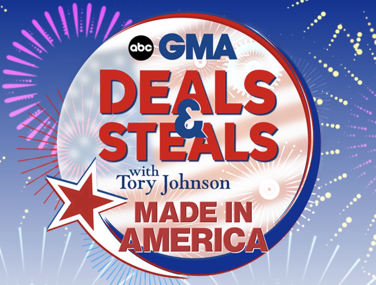 Promotional graphic for ABC GMA Deals & Steals with Tory Johnson Made in America, featuring bold red and blue text inside a circular emblem on a blue background with fireworks.