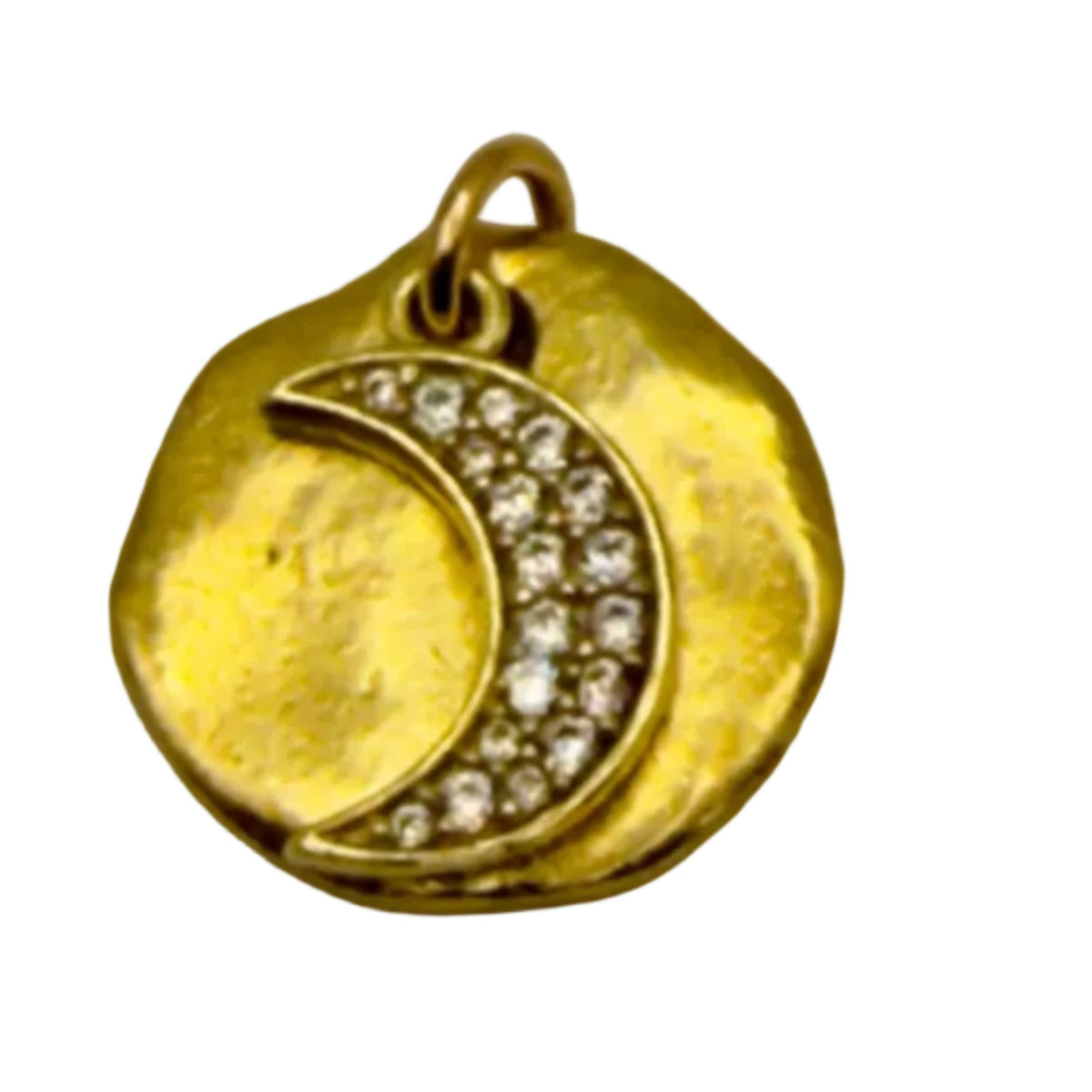 Moon charm with crystals overlaid a gold disc.