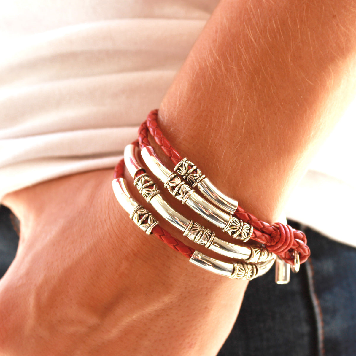 Red genuine leather wrap bracelet with silver-plated crescent details