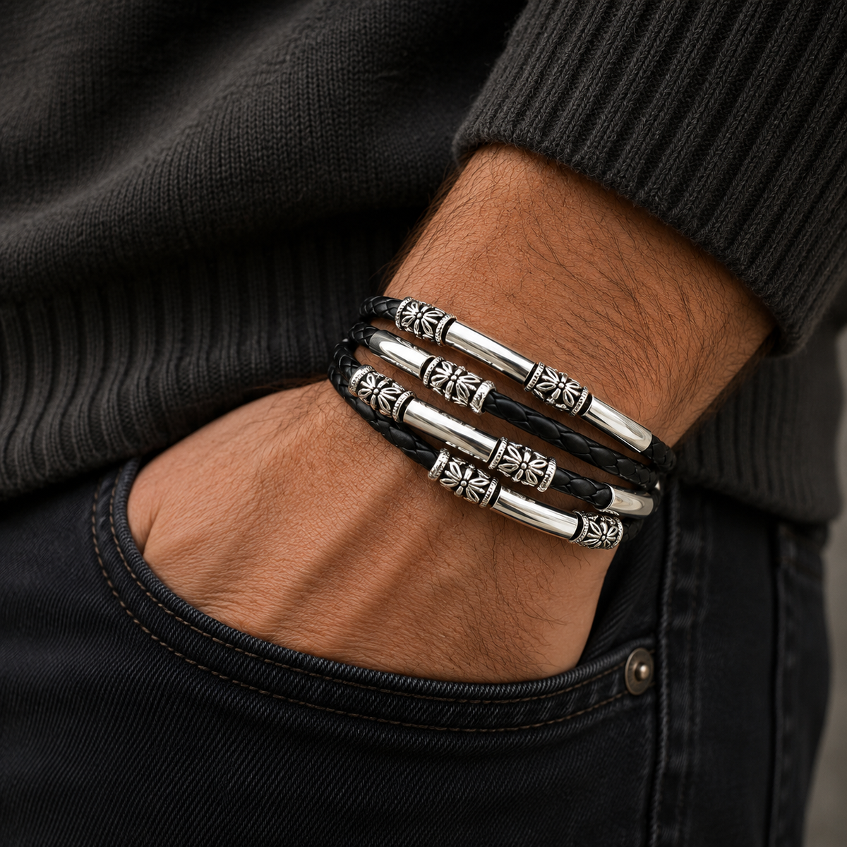 Close-up of a person wearing multiple silver bracelets on a black background