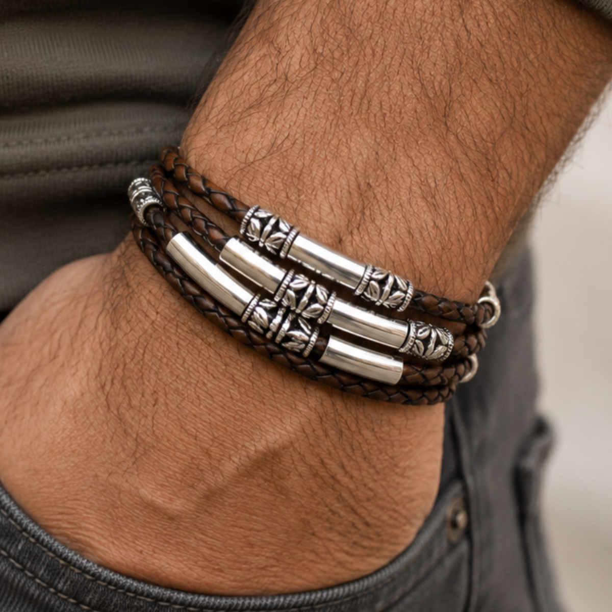 Close-up of a wrist wearing multiple bracelets with a blurred background