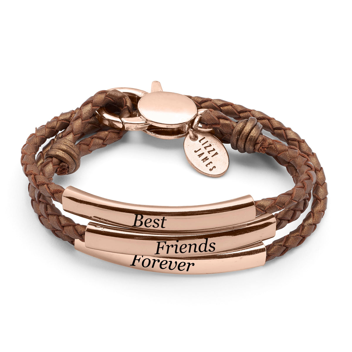 Brown braided leather bracelet with rose gold accents and 'Best Friends Forever' engraving on a white background.