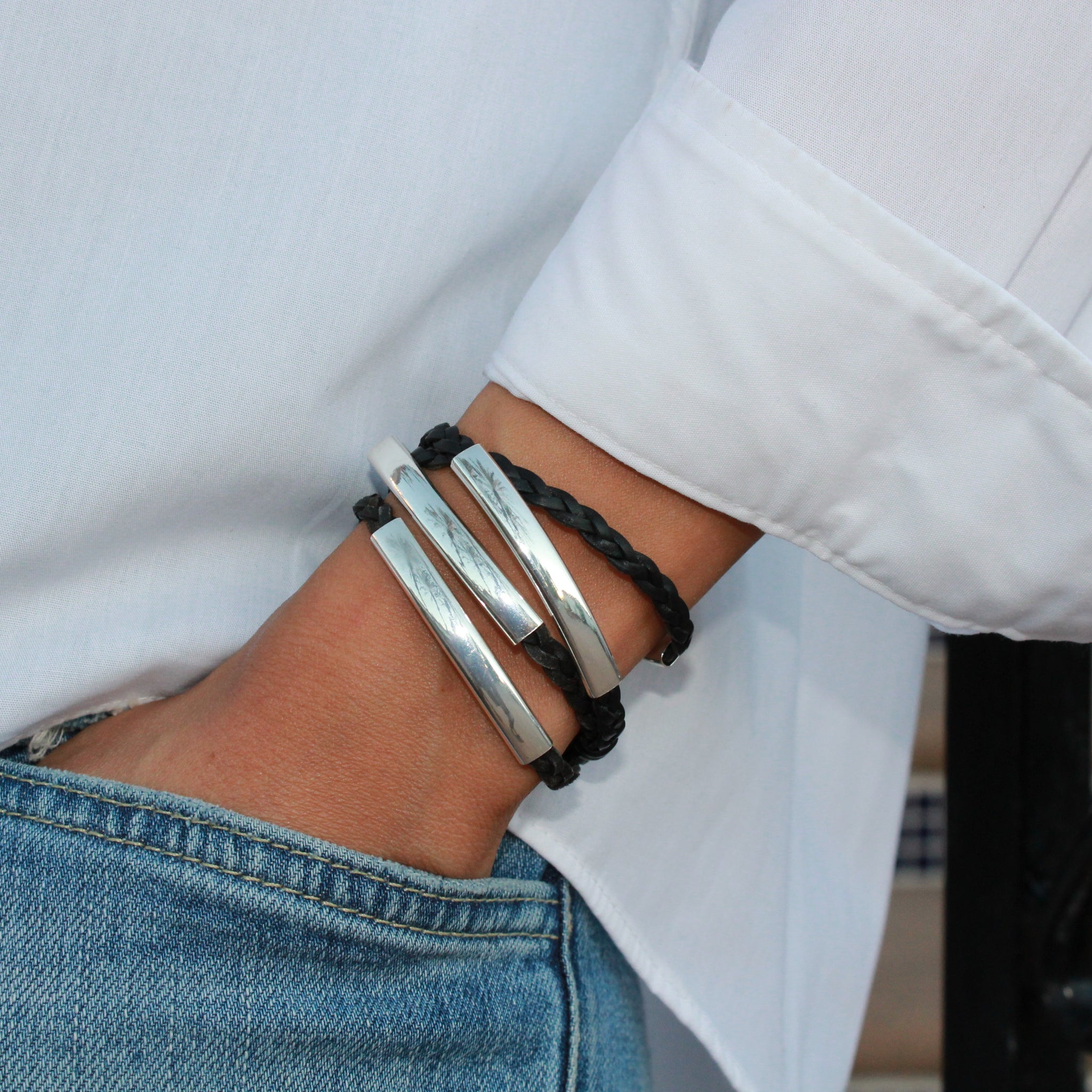 Leather Wrap Bracelet w Silver Crescents