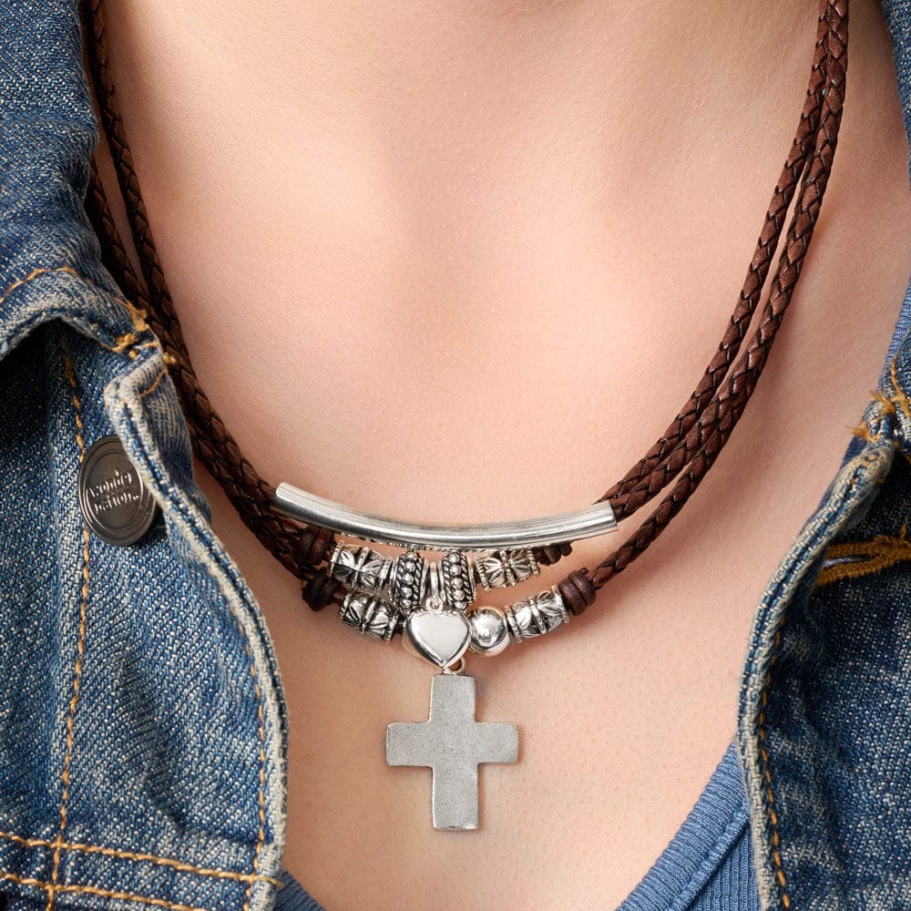 Naomi Natural Brown Leather Silver Wrap Bracelet with Cross and Heart Charms