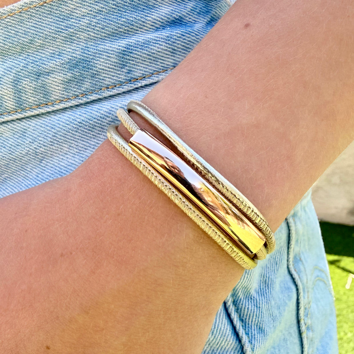 The Halo Trio Bracelet – Light Gold Leather & Rose Gold | Handmade in California