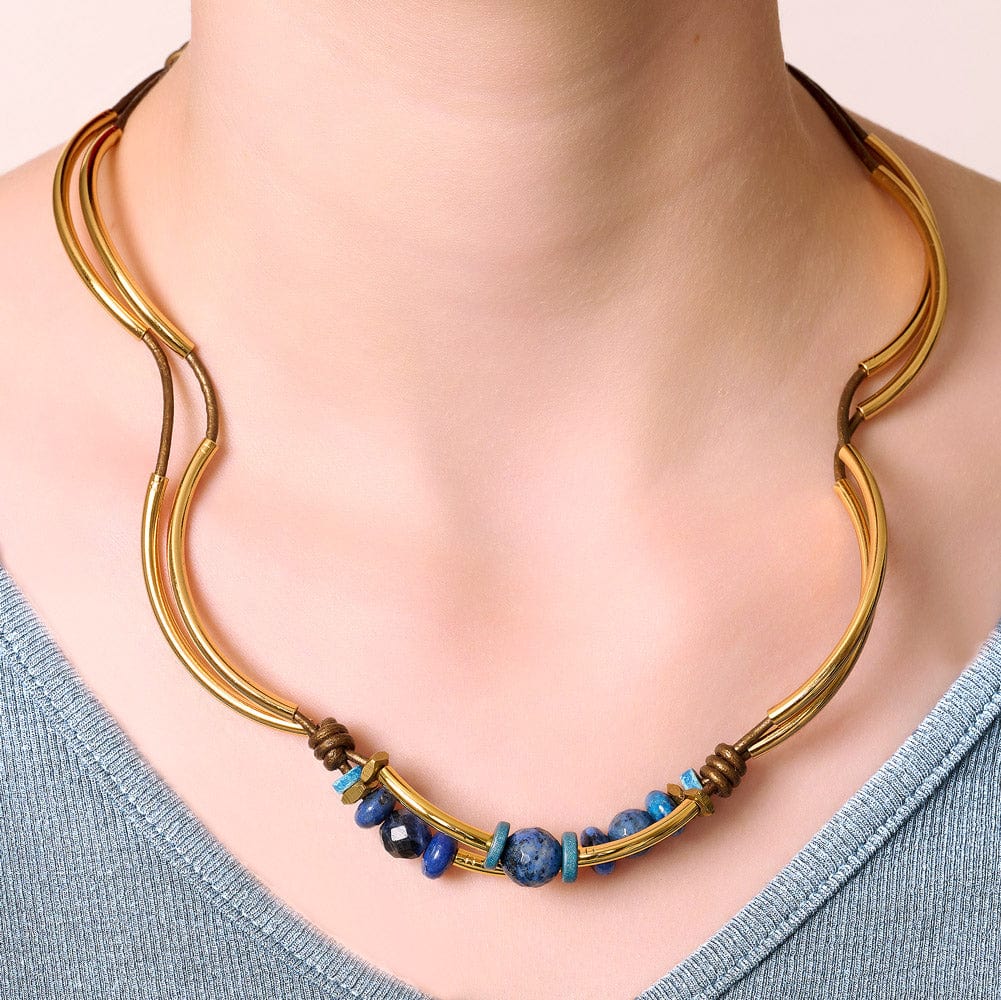 Metallic Brown Leather Wrap Bracelet w Gold Crescents &amp; Lapis Beads shown worn as a necklace