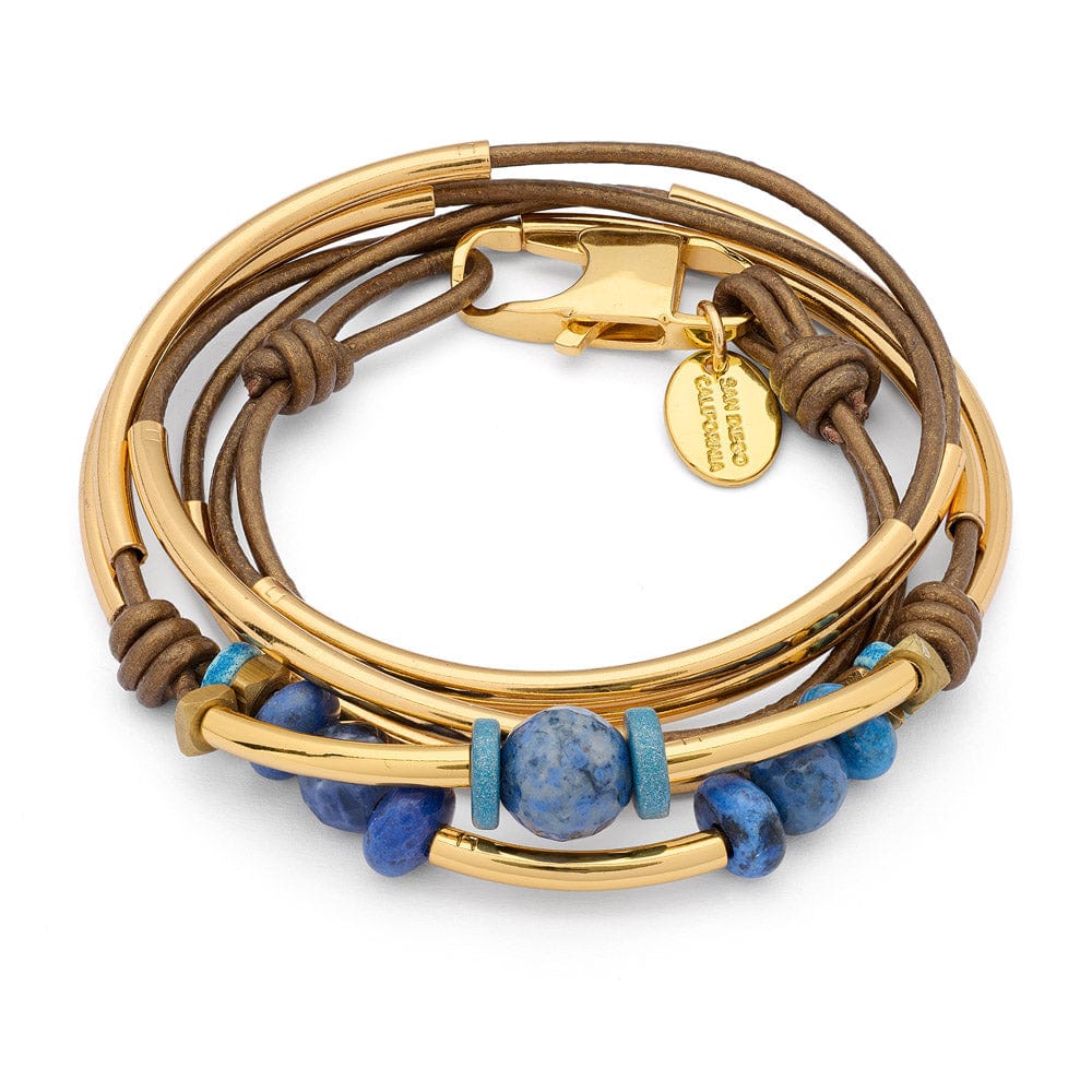 Metallic Brown Leather Wrap Bracelet w Gold Crescents &amp; Lapis Beads