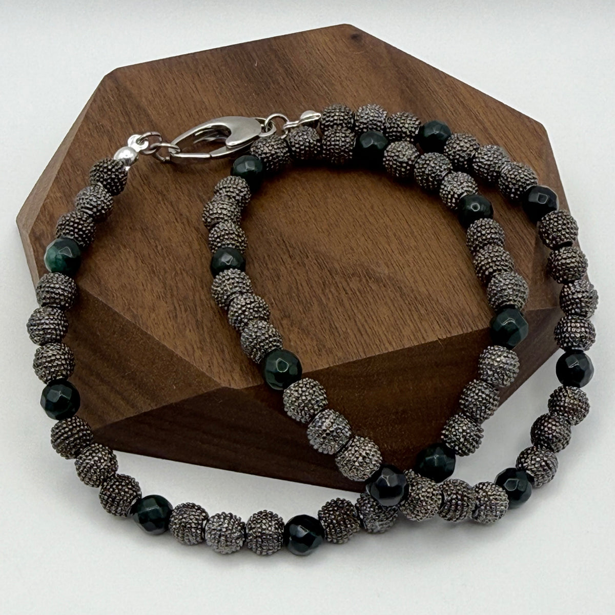 Noa emerald green jade necklace with gunmetal granulated beads handmade in California