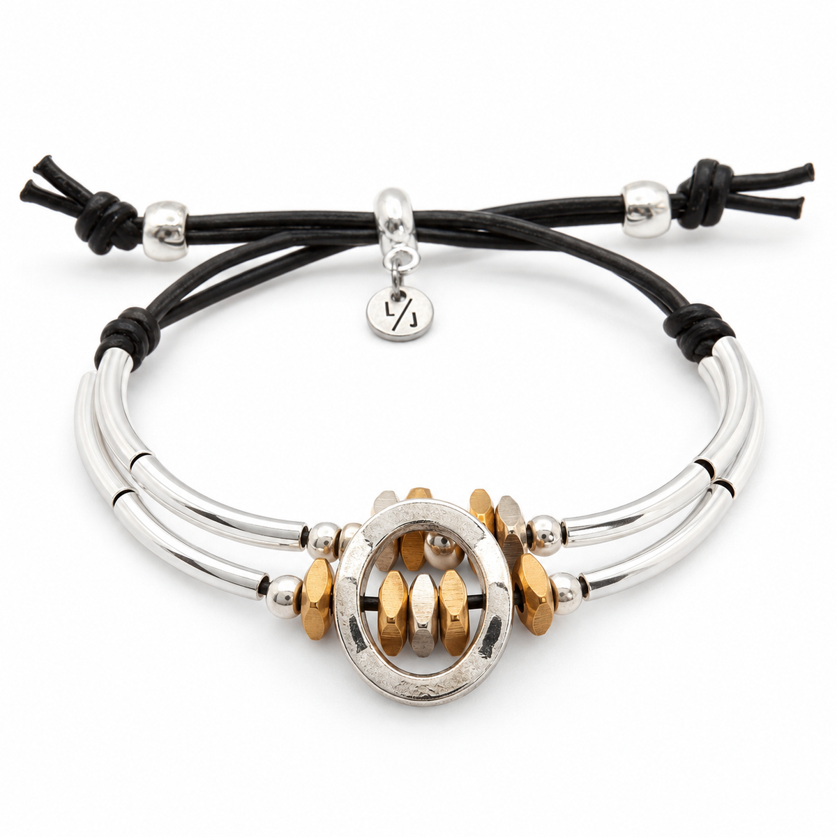Optimism Two-Tone Adjustable Leather Bracelet | Silver & Gold Beads