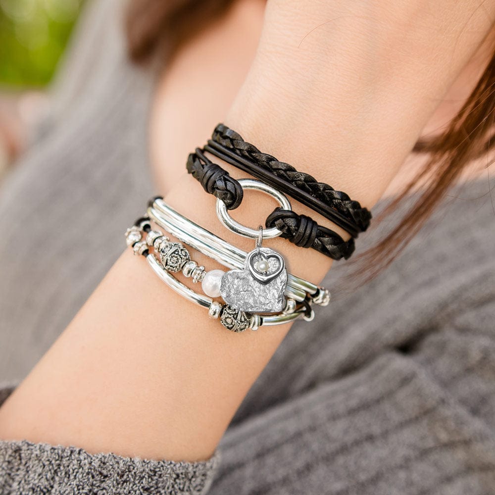 Paisley Black Leather Wrap Bracelet with Endless Love Charm and Holly Pearl Black Leather Wrap Silver Bracelet