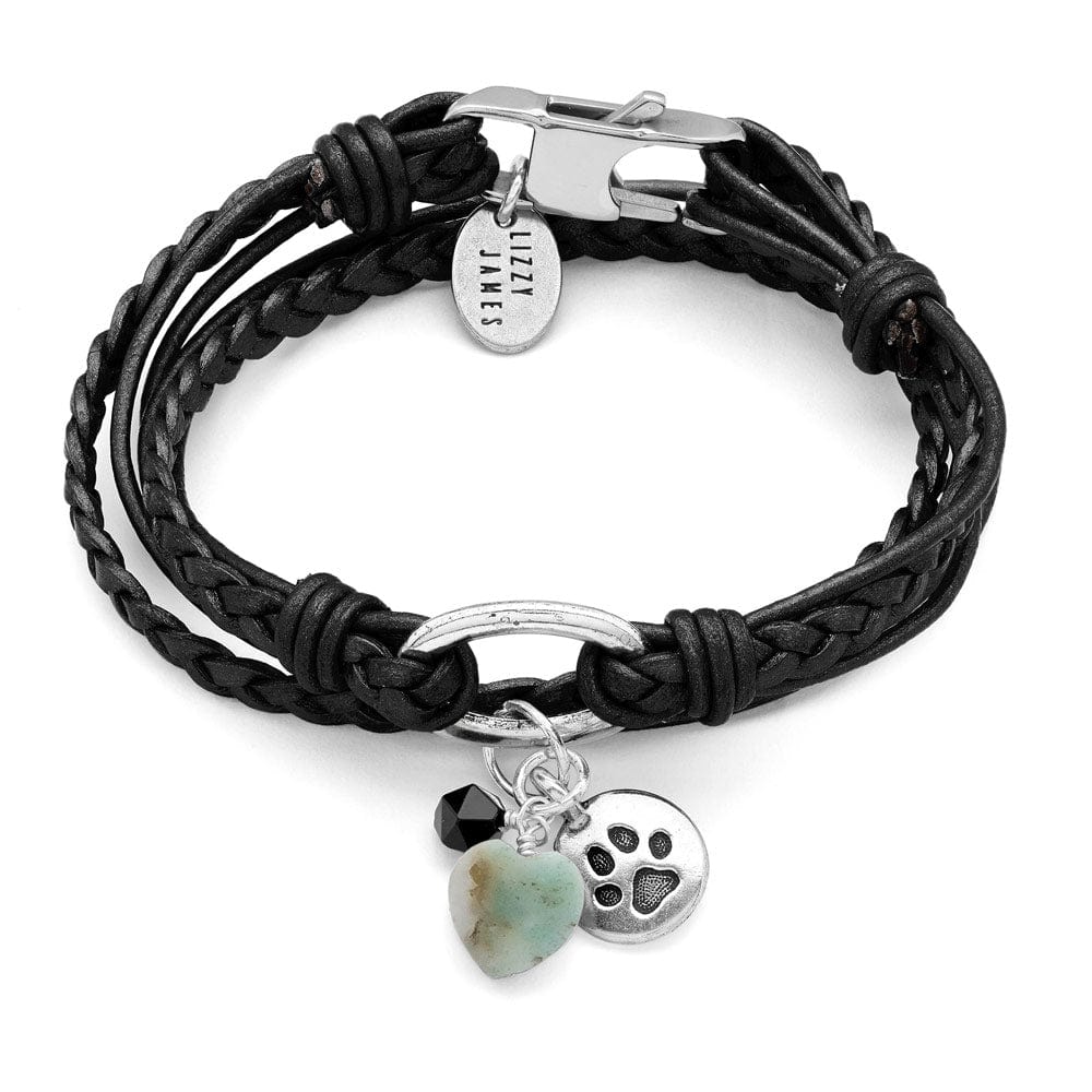 Black Leather Wrap Bracelet the Paisley, shown with charms - black dangler, Amazonite heart and paw print charm