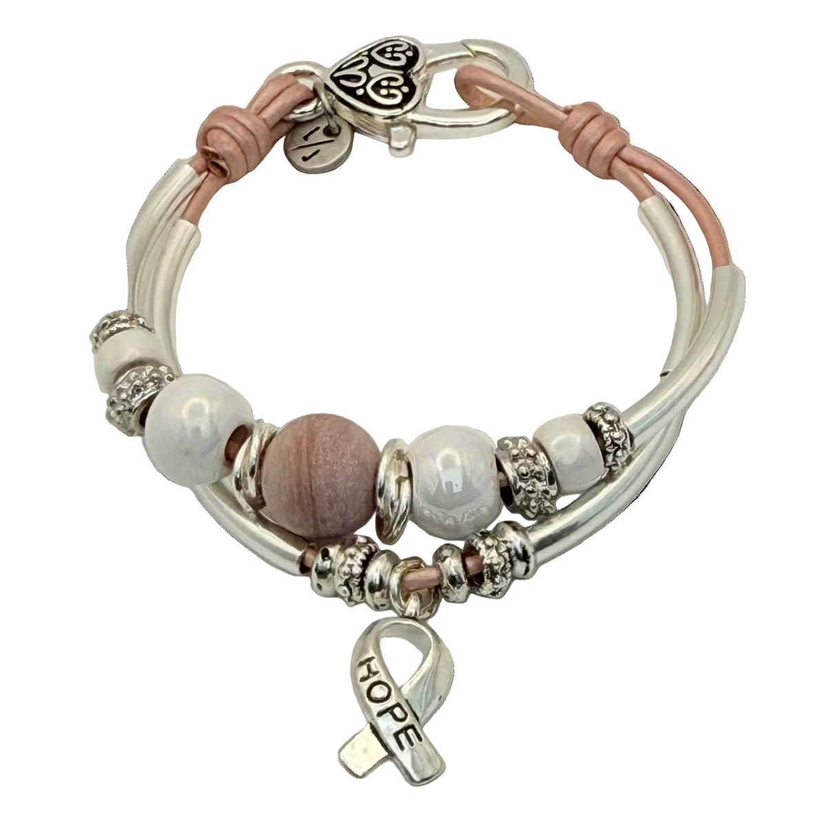 Bracelet with beads and 'hope' charm on a white background