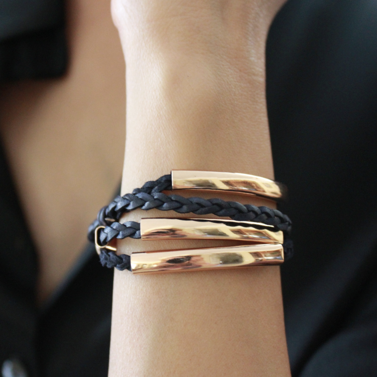 Addison Braided Black Leather Wrap Bracelet w Rose Gold Crescents