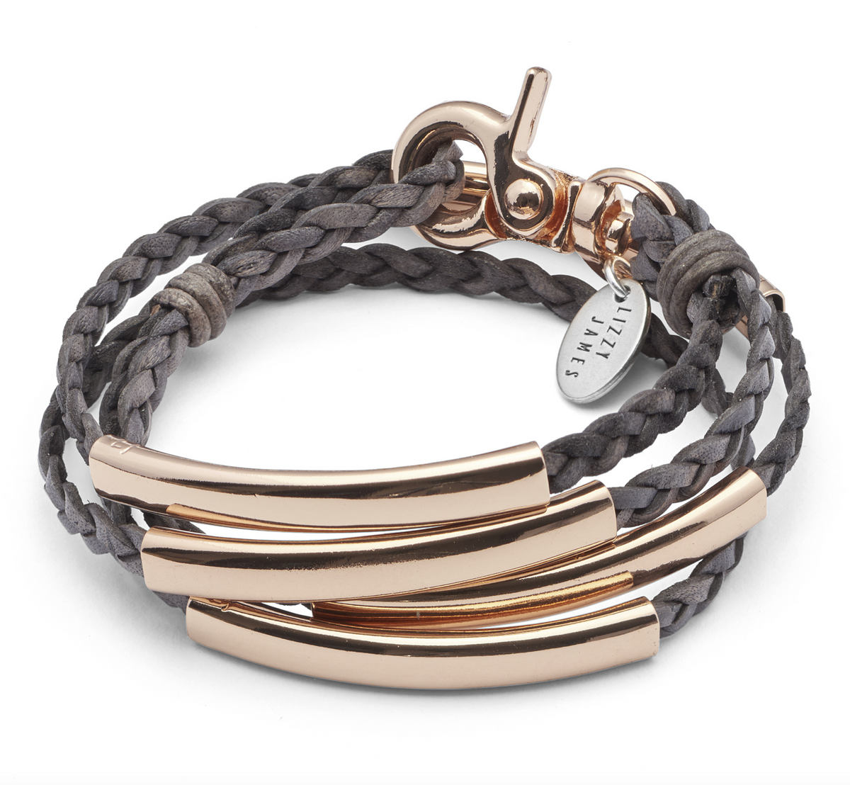 Addison Braided Black Leather Wrap Bracelet w Rose Gold Crescents