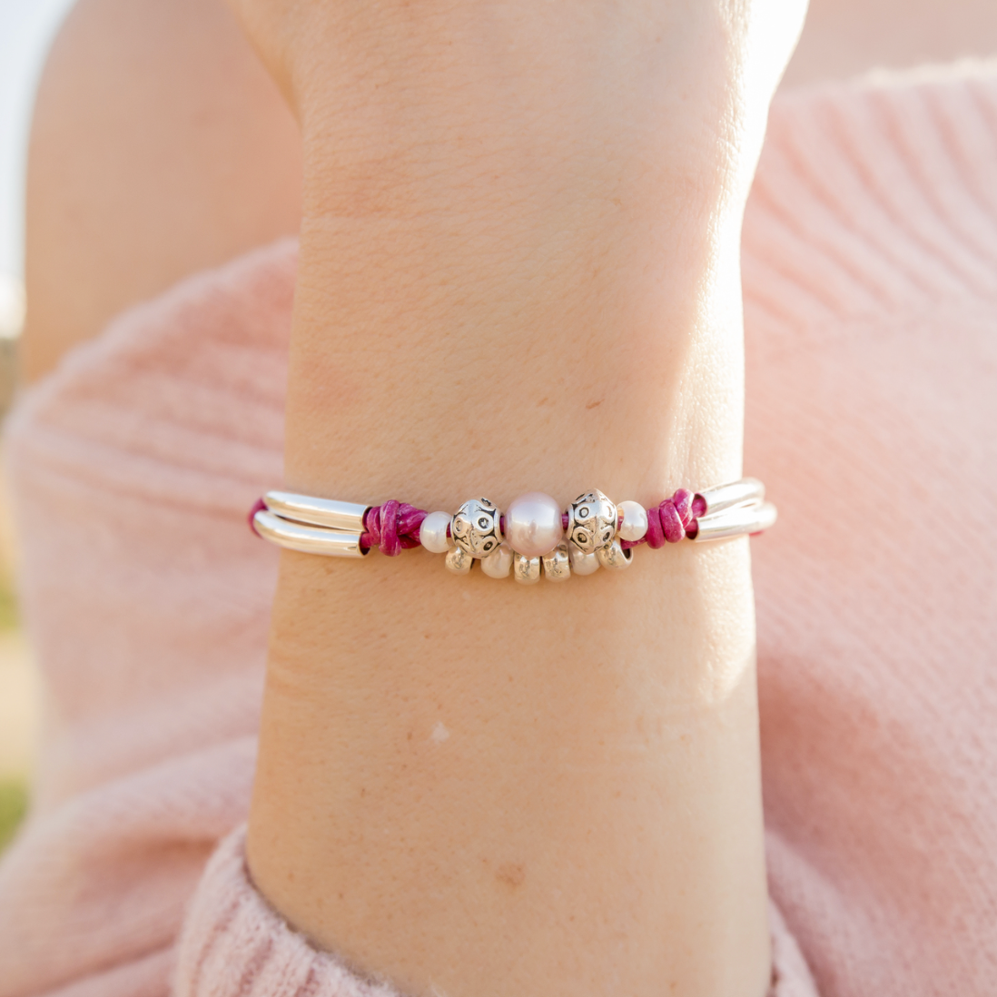 Vitality Bracelet – Adjustable Pink Leather with Pearls & Silver Accents