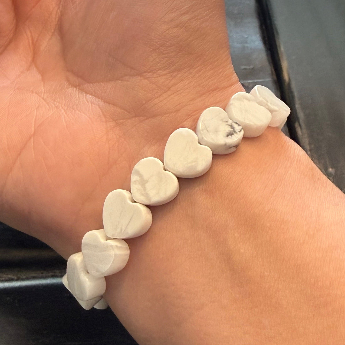 Howlite Heart Gemstone bracelet on womans wrist