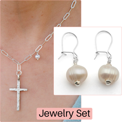 Adina Cross Necklace & Pearl Earring Set | Handmade USA