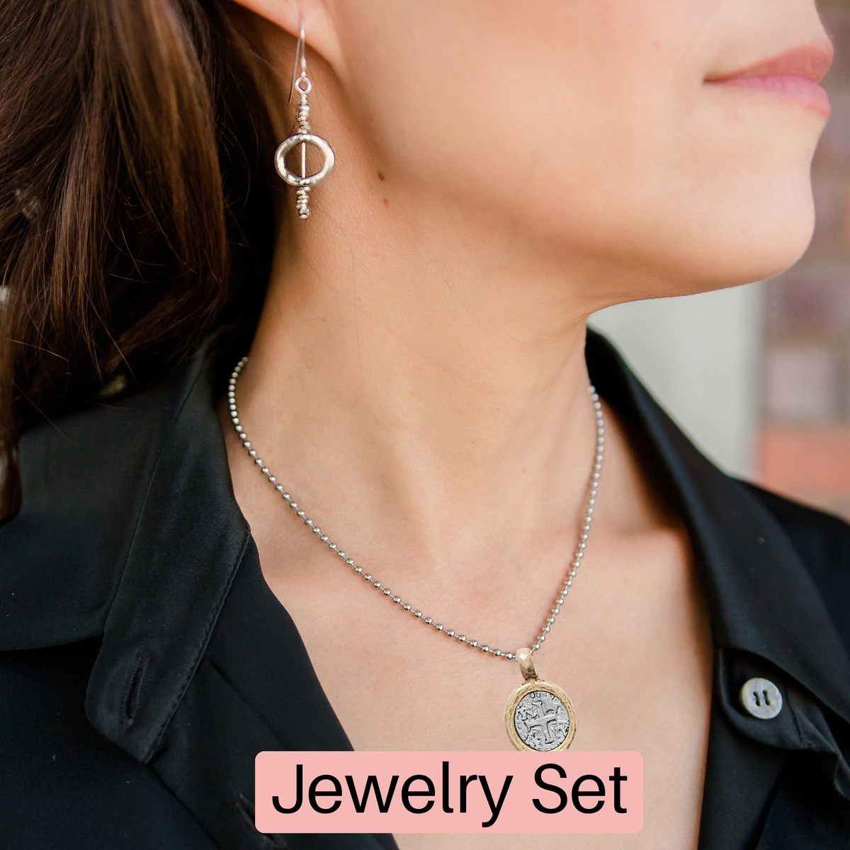 Jewelry Set | Vintage Cross Coin Medallion Necklace & Solo Oval Earrings - Mixed Metal