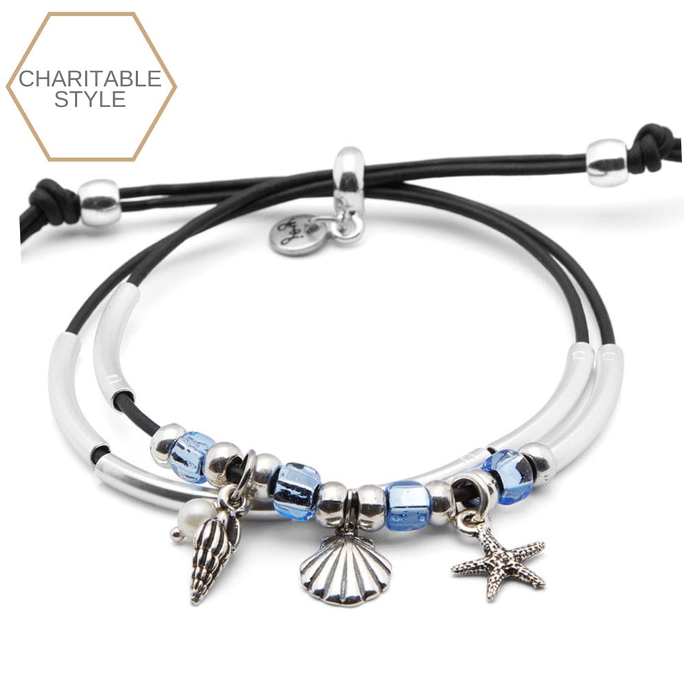 Surfside silver bracelet with Petite Starfish, Tiny Shell, Small Turret Shell, and Pearl charms - charitable style