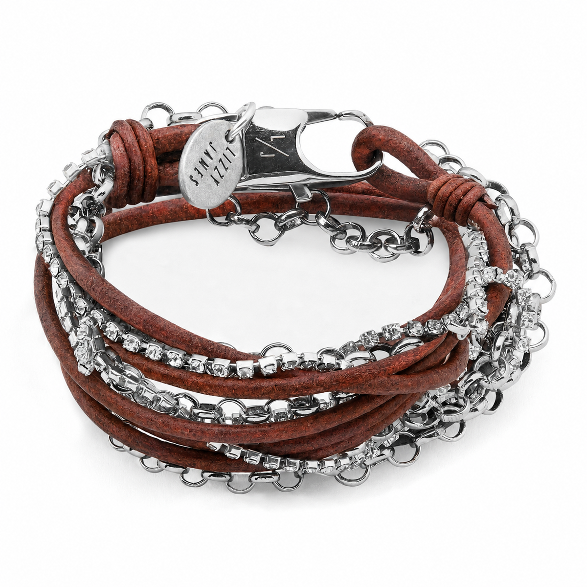 Sydney Natural Antique Brown Leather Convertible Wrap Bracelet Necklace with Rhinestones & Silver Loop Chain