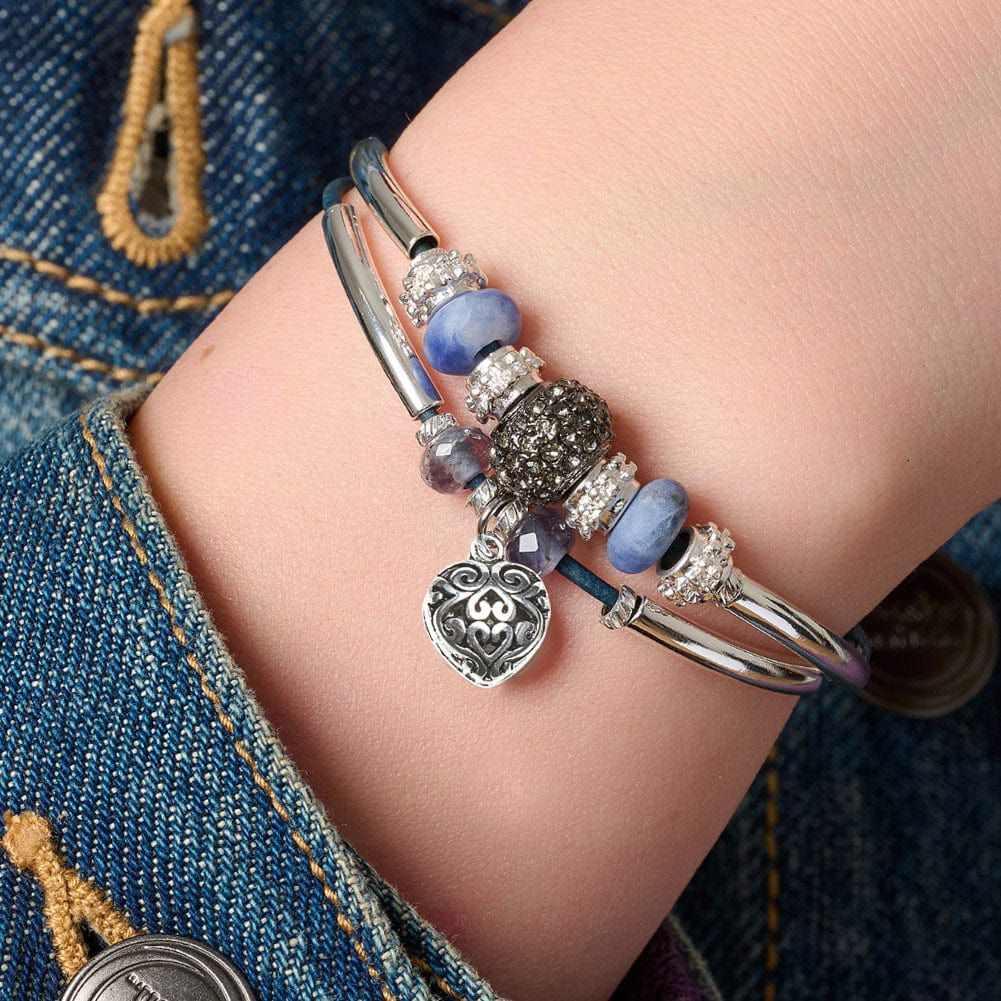 Symphony Blue Leather &amp; Silver Bracelet w Semi Precious Sodalite &amp; Semi precious Iolite shown with silver puffed heart