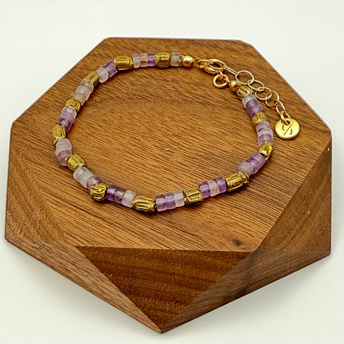 Amethyst Bazaar Bracelet – Natural Amethyst Heishi & Hand-Textured Ethiopian Brass Beads with 2-Inch Extender
