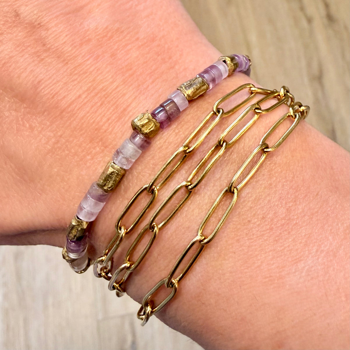 Amethyst Bazaar Bracelet – Natural Amethyst Heishi & Hand-Textured Ethiopian Brass Beads with 2-Inch Extender