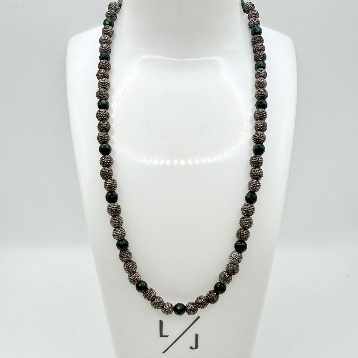 Noa emerald green jade necklace with gunmetal granulated beads handmade in California