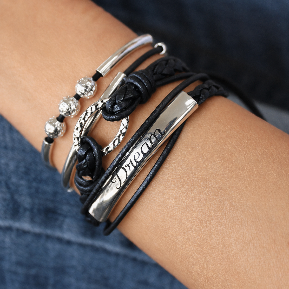 Truly Engravable Bracelet with Black Leather & Silver Crescent - Add Your Charm Choice