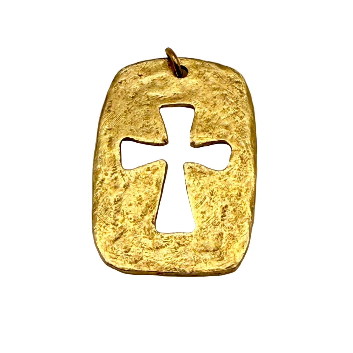 Gold pendant with a cross design on a light gray background