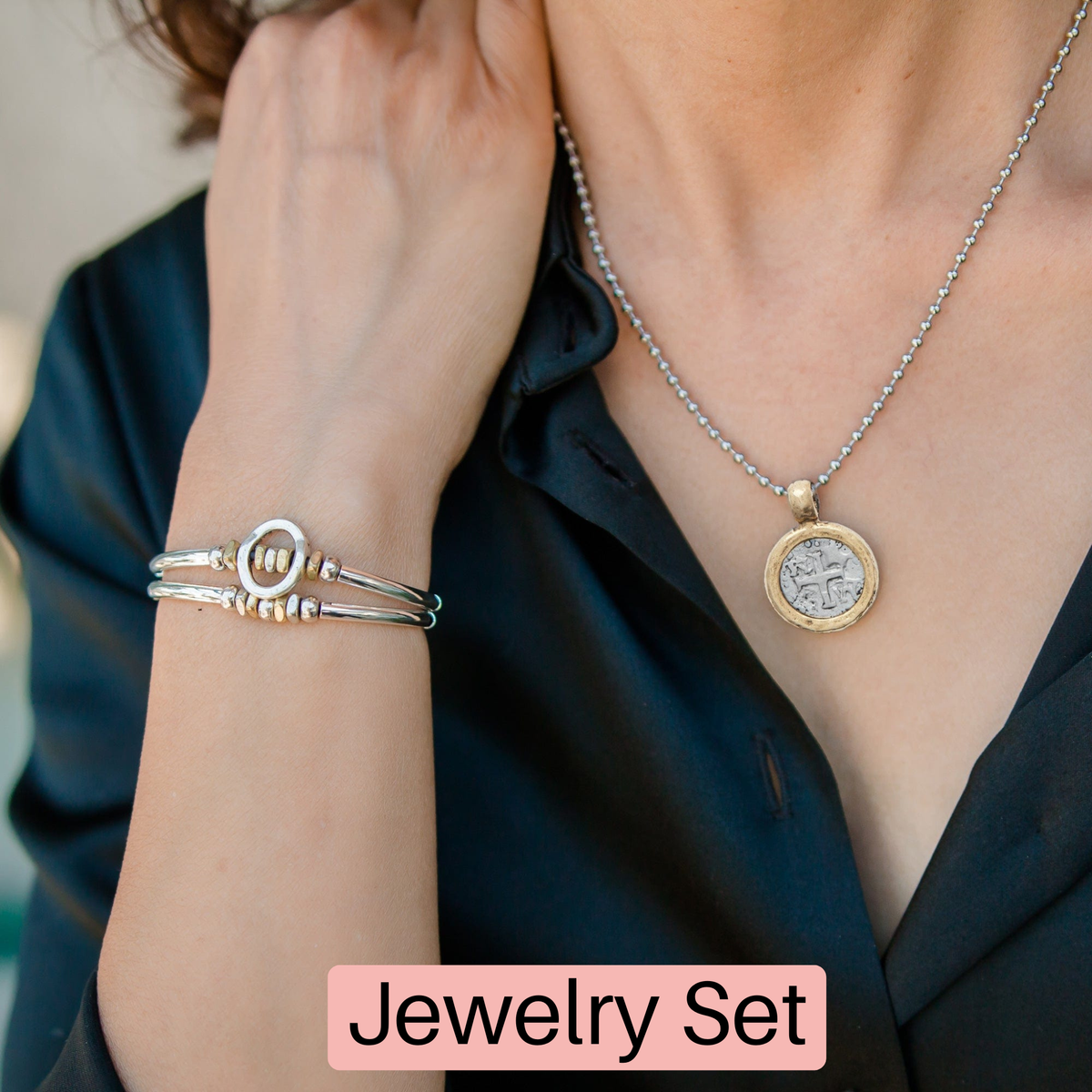 Vintage Elegance Jewelry Set — Handcrafted Vintage Cross Coin Medallion Necklace & Optimism Bracelet