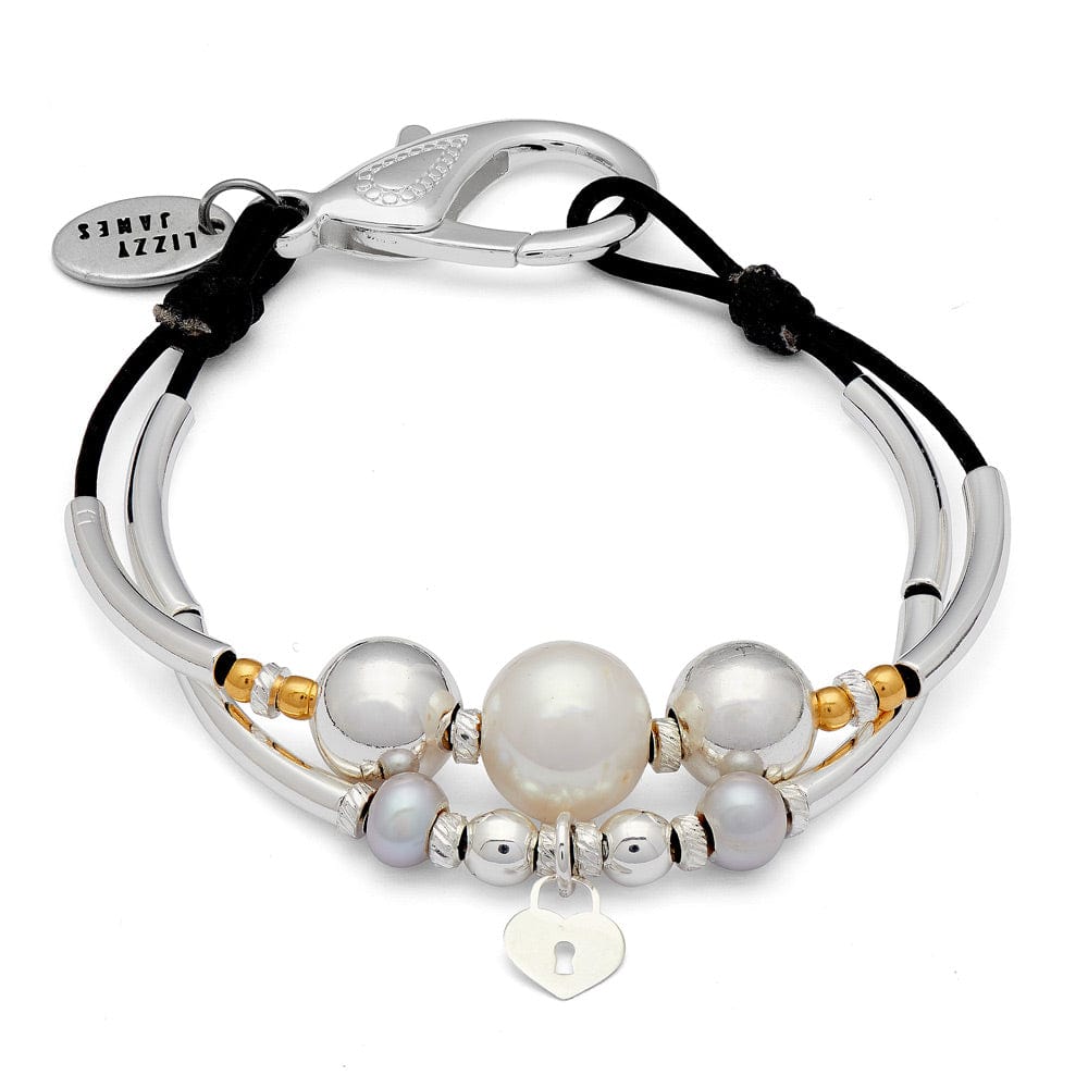 Vivian Silver Bracelet with Freshwater Pearl and Sterling Silver Heart Lock Charm