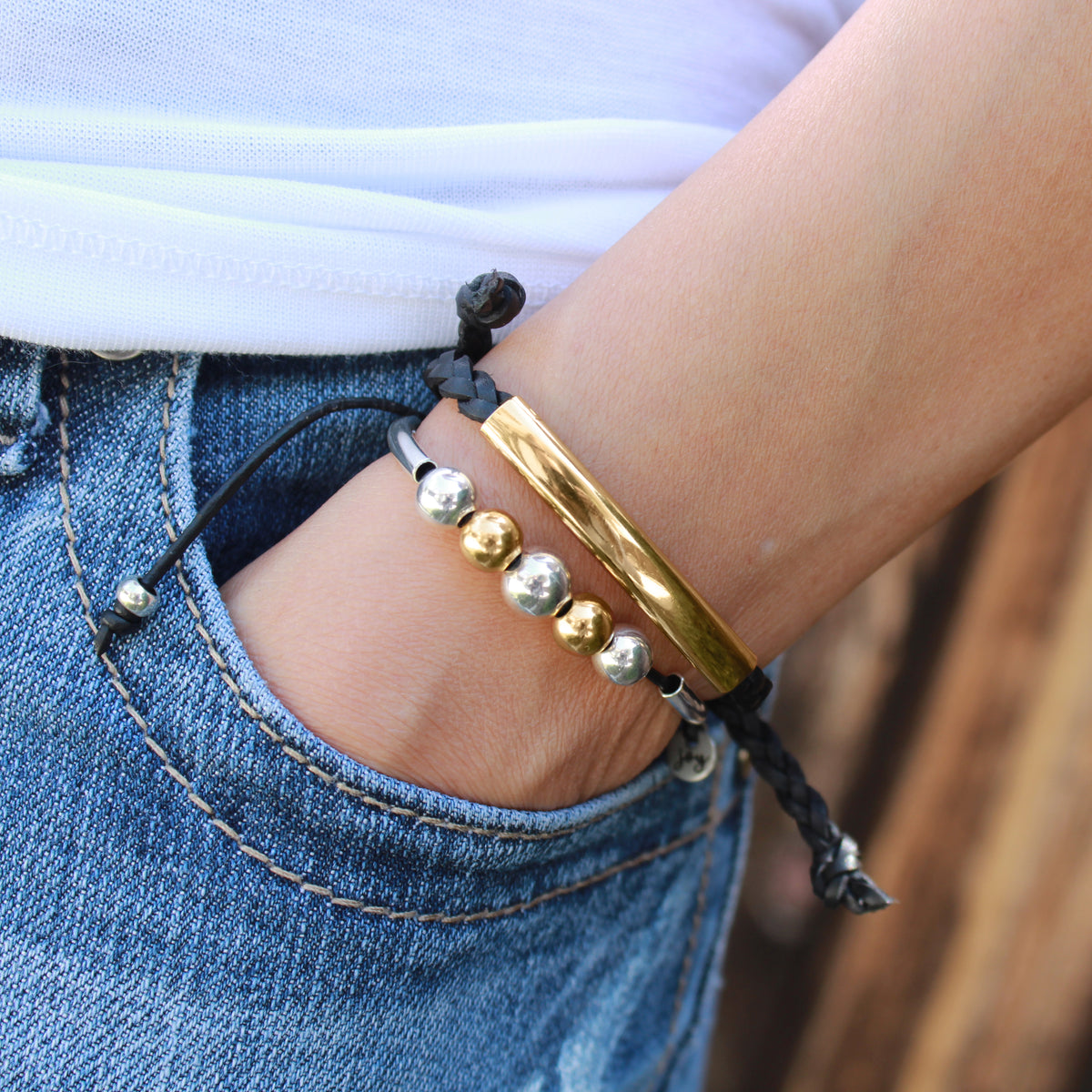 Compassion Adjustable Black Leather Bracelet with Silver & Gold Beads | Handmade in the USA