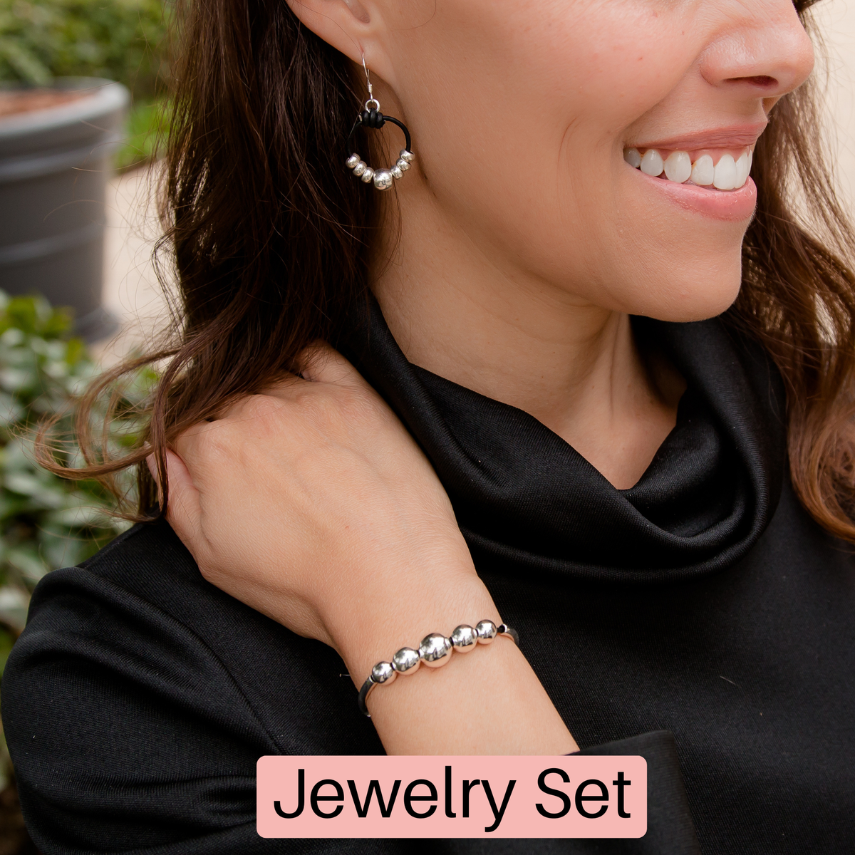 Jewelry Set | Wisdom Bracelet & Collette Earrings | Black Leather & Silver